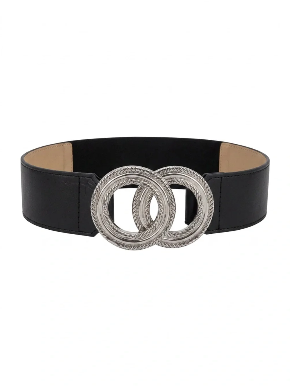 Express Black Wide Waist Belt with Interlocking Silver Double-Ring Buckle